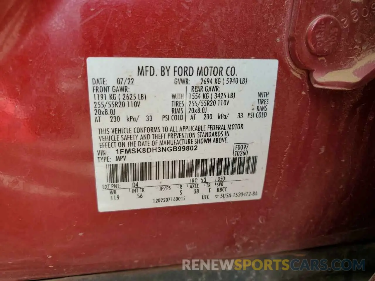 15 fotografías del automóvil dañado 1FMSK8DH3NGB99802 FORD EXPLORER 2022