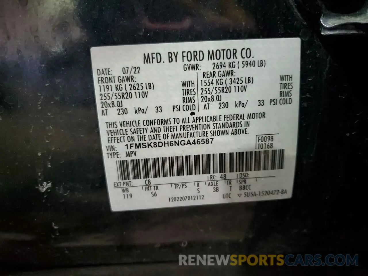 14 fotografías del automóvil dañado 1FMSK8DH6NGA46587 FORD EXPLORER 2022