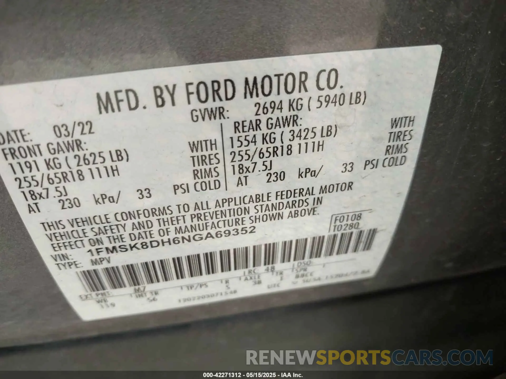 9 fotografías del automóvil dañado 1FMSK8DH6NGA69352 FORD EXPLORER 2022