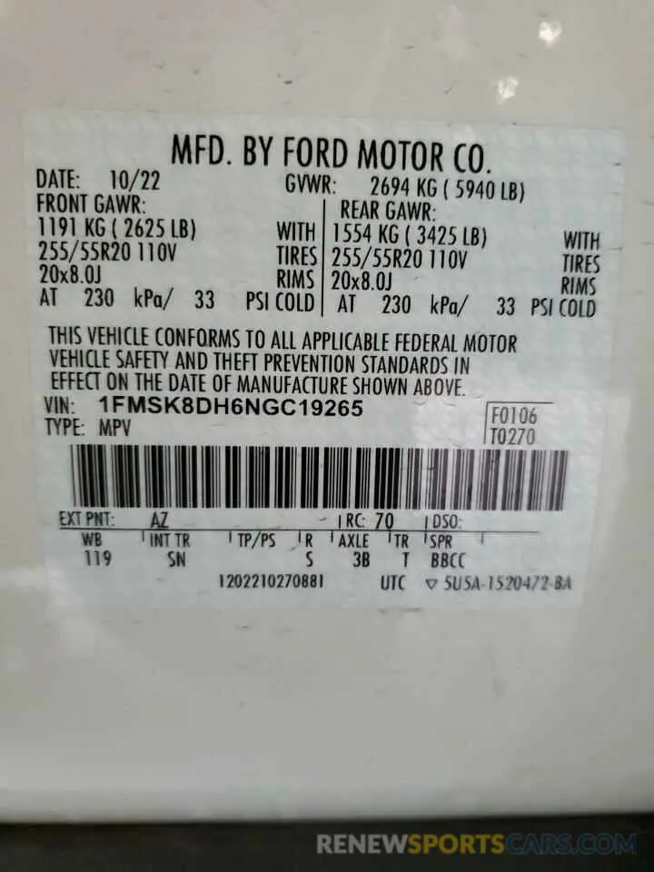 13 fotografías del automóvil dañado 1FMSK8DH6NGC19265 FORD EXPLORER 2022