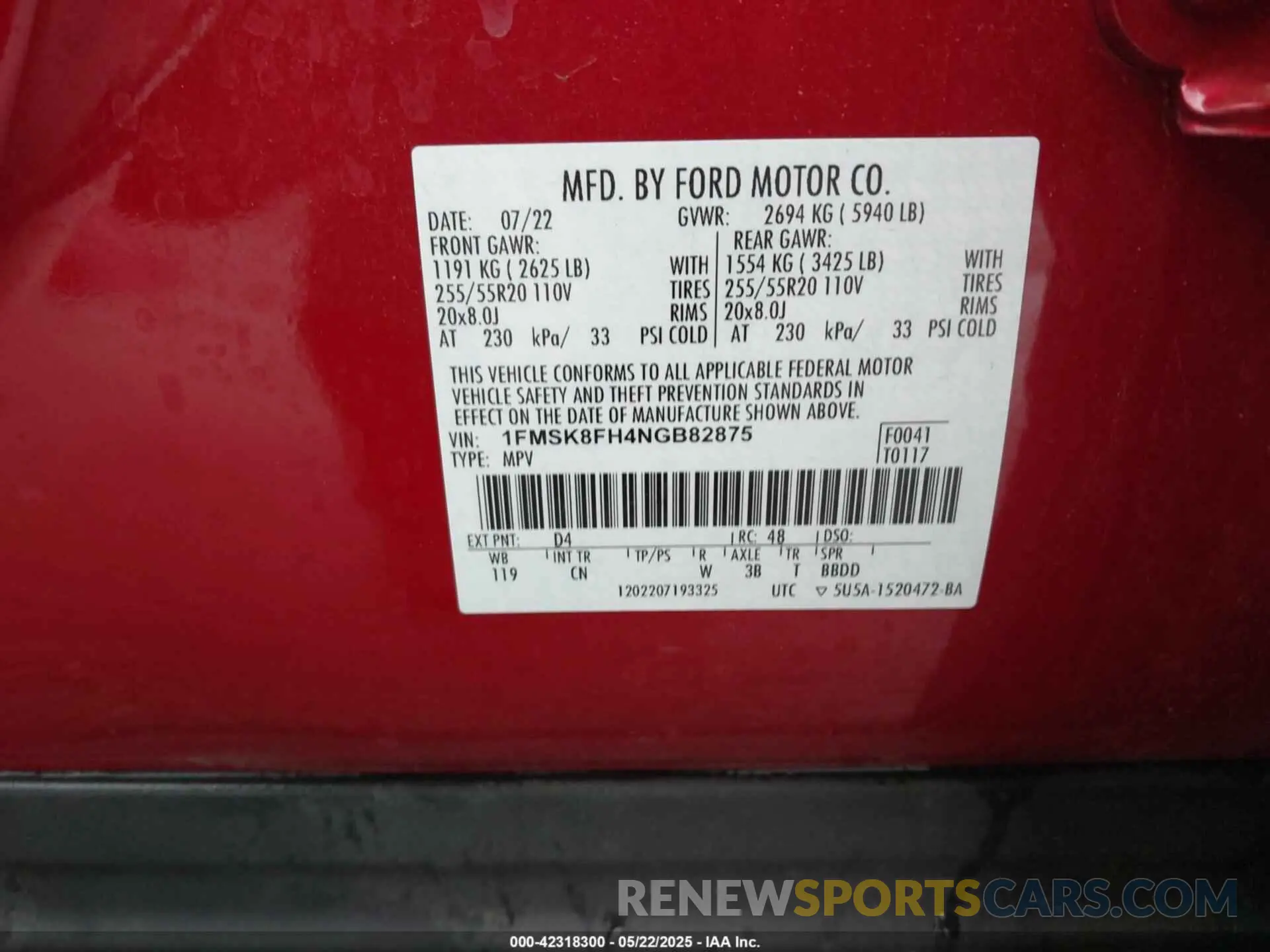 9 fotografías del automóvil dañado 1FMSK8FH4NGB82875 FORD EXPLORER 2022