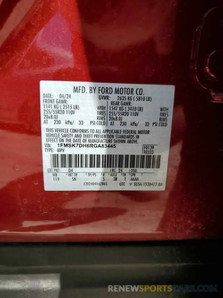 13 fotografías del automóvil dañado 1FMSK7DH6RGA83445 FORD EXPLORER 2024