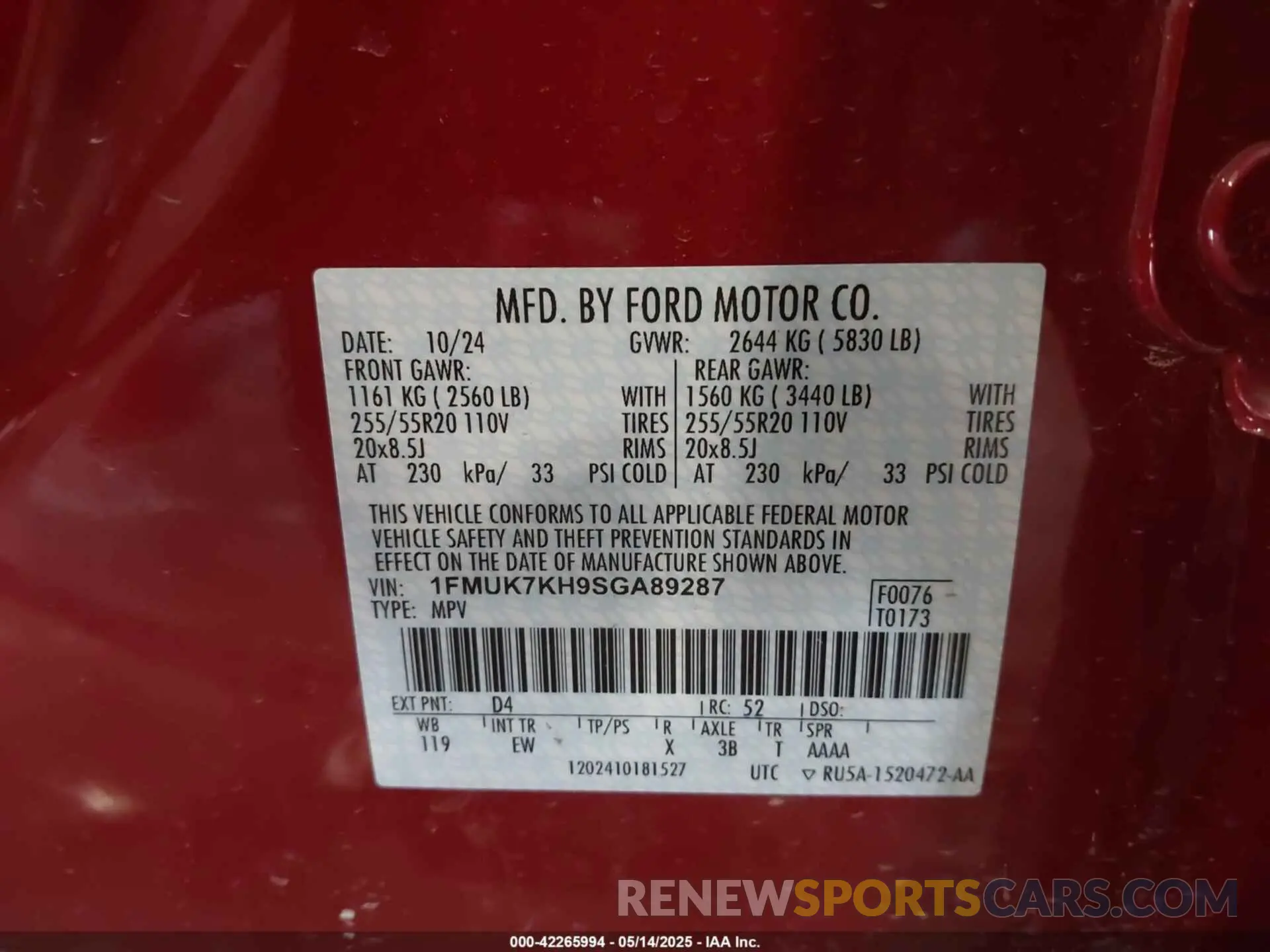 9 fotografías del automóvil dañado 1FMUK7KH9SGA89287 FORD EXPLORER 2025