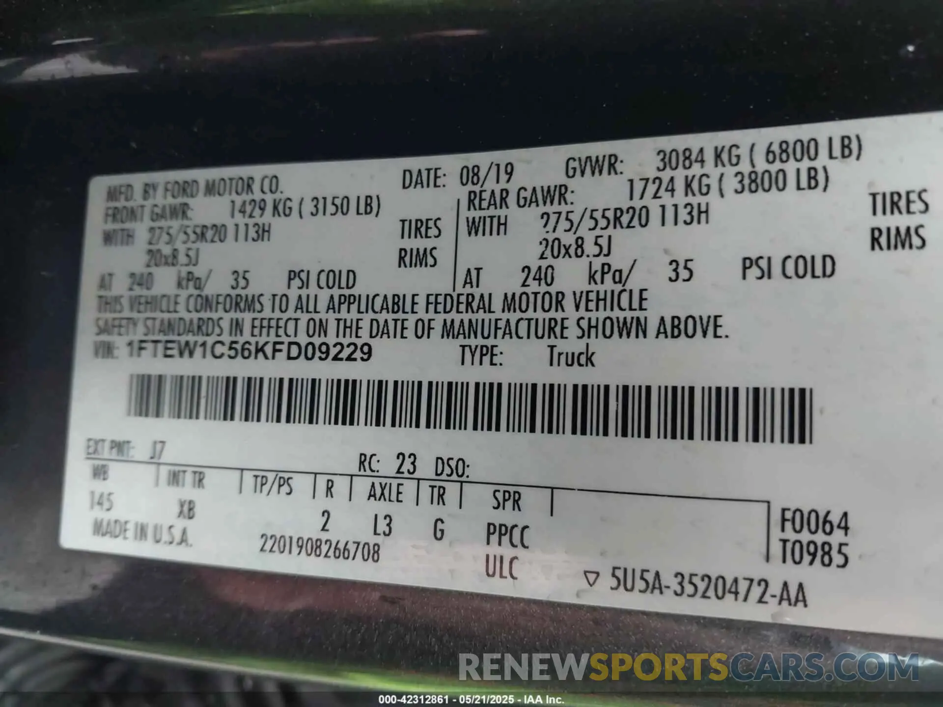 9 fotografías del automóvil dañado 1FTEW1C56KFD09229 FORD F-150 2019