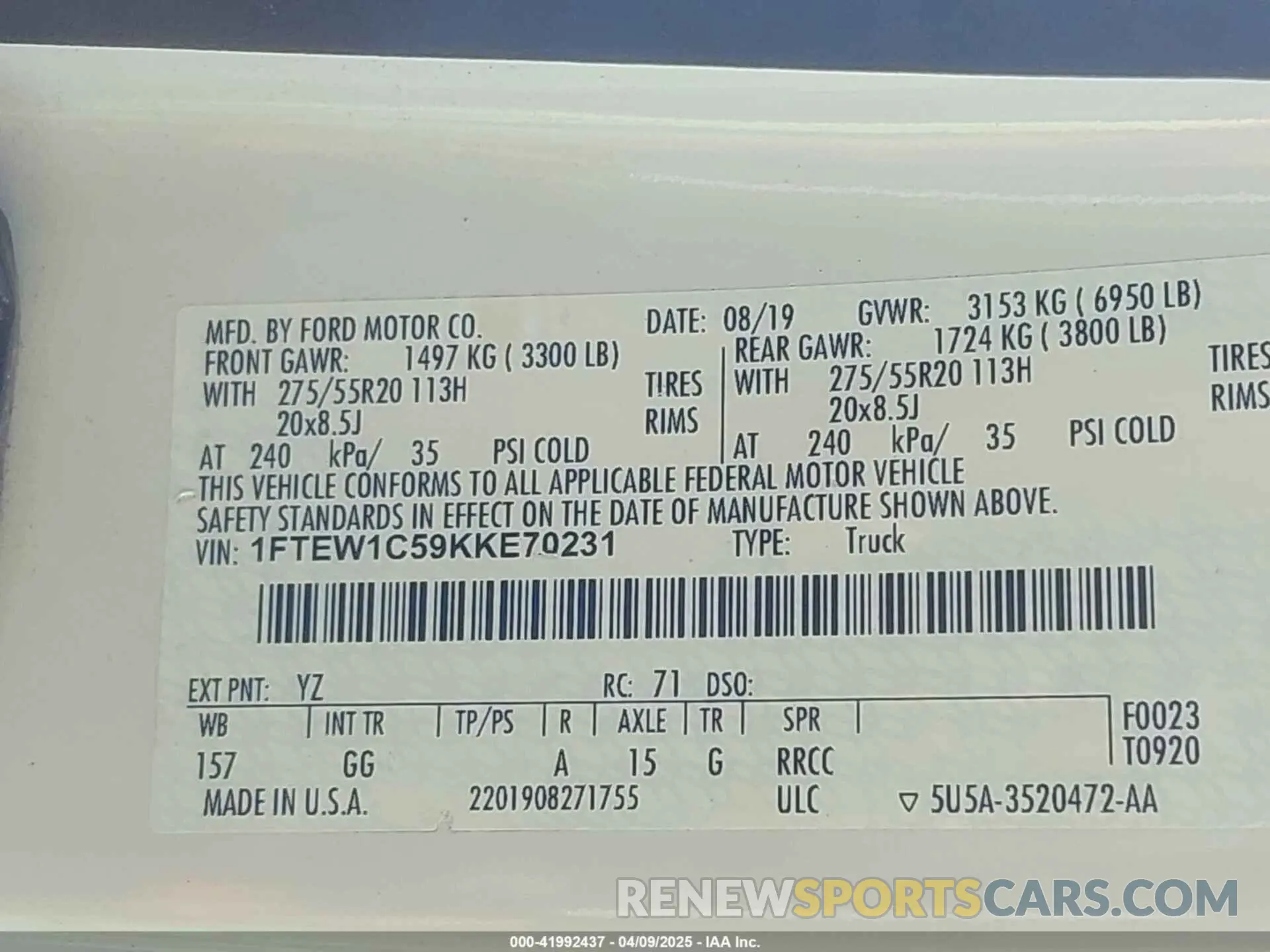 9 fotografías del automóvil dañado 1FTEW1C59KKE70231 FORD F-150 2019