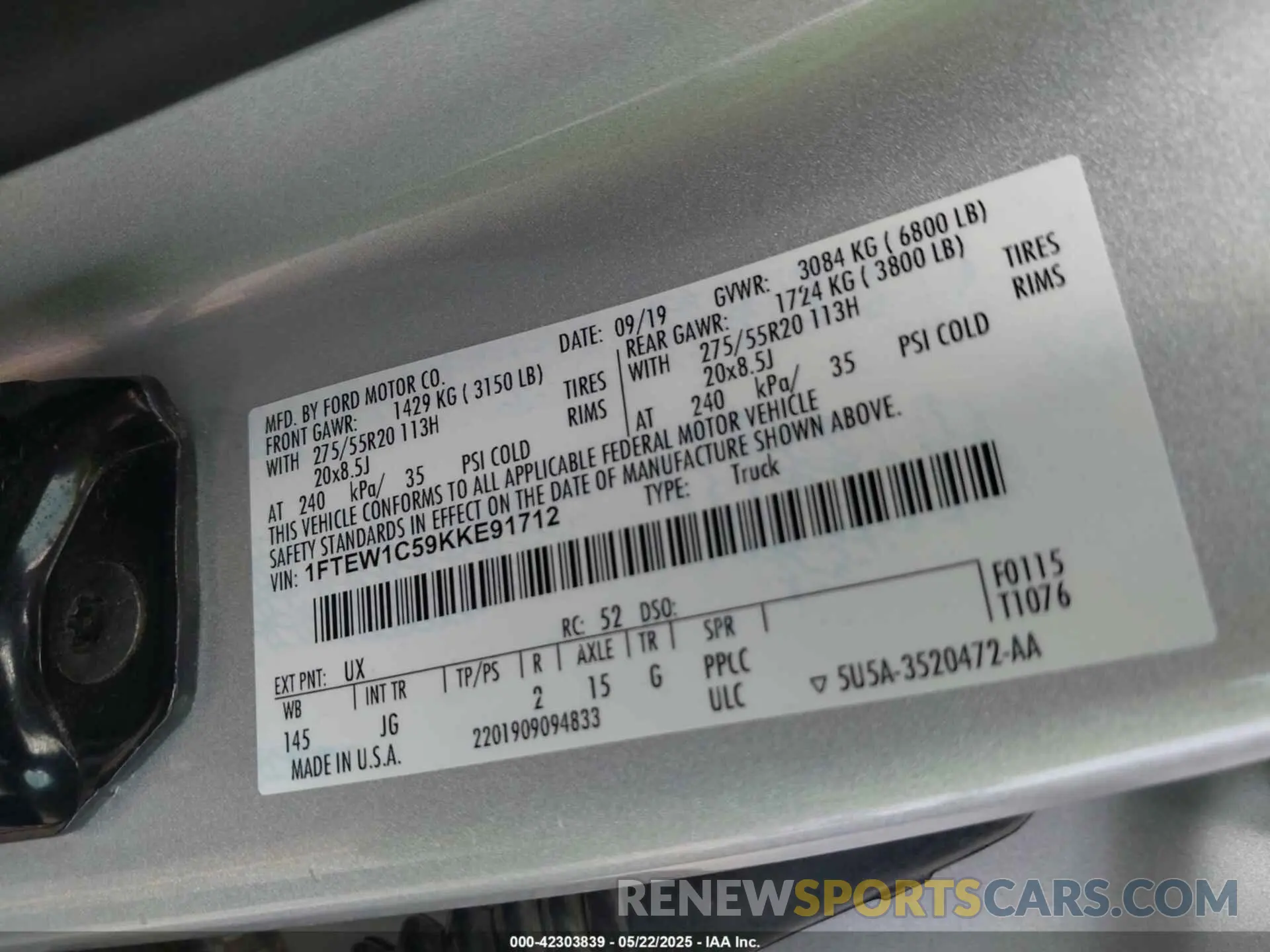 9 fotografías del automóvil dañado 1FTEW1C59KKE91712 FORD F-150 2019