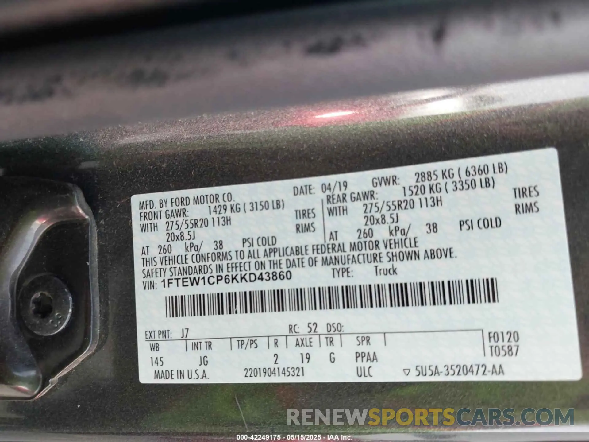 9 fotografías del automóvil dañado 1FTEW1CP6KKD43860 FORD F-150 2019