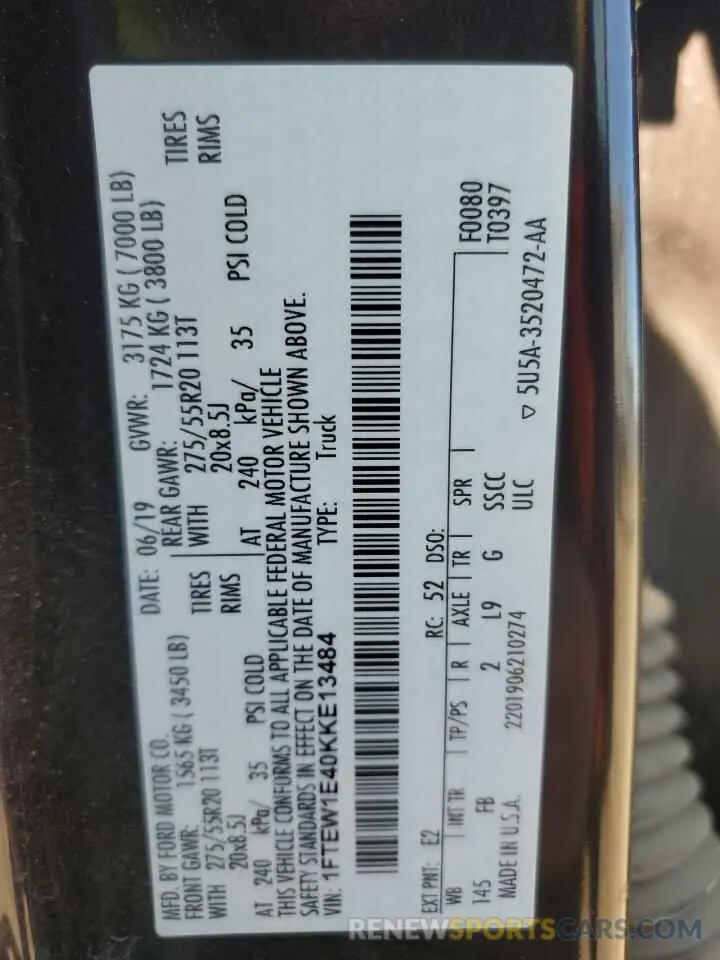 13 fotografías del automóvil dañado 1FTEW1E40KKE13484 FORD F-150 2019