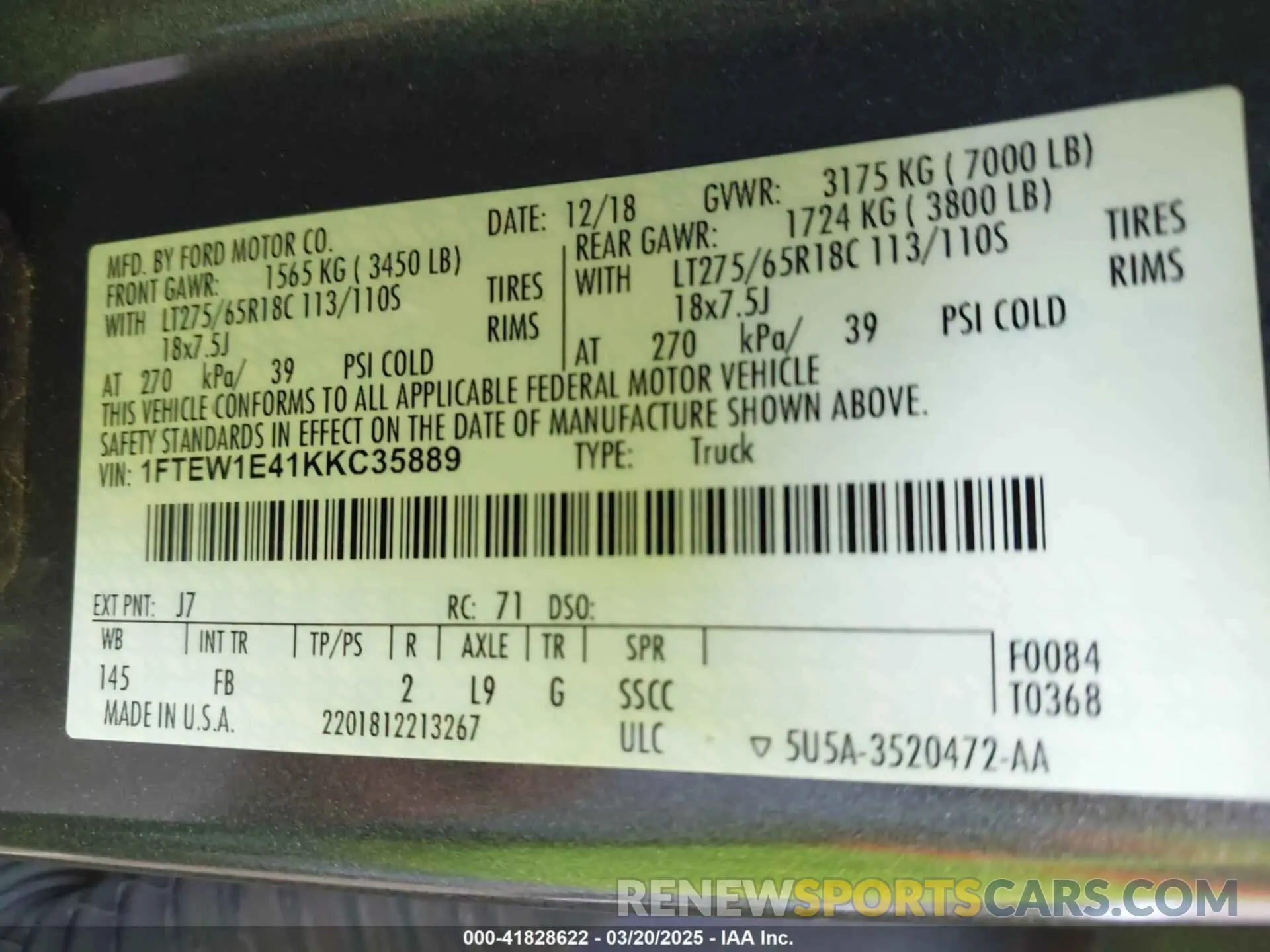 9 fotografías del automóvil dañado 1FTEW1E41KKC35889 FORD F-150 2019