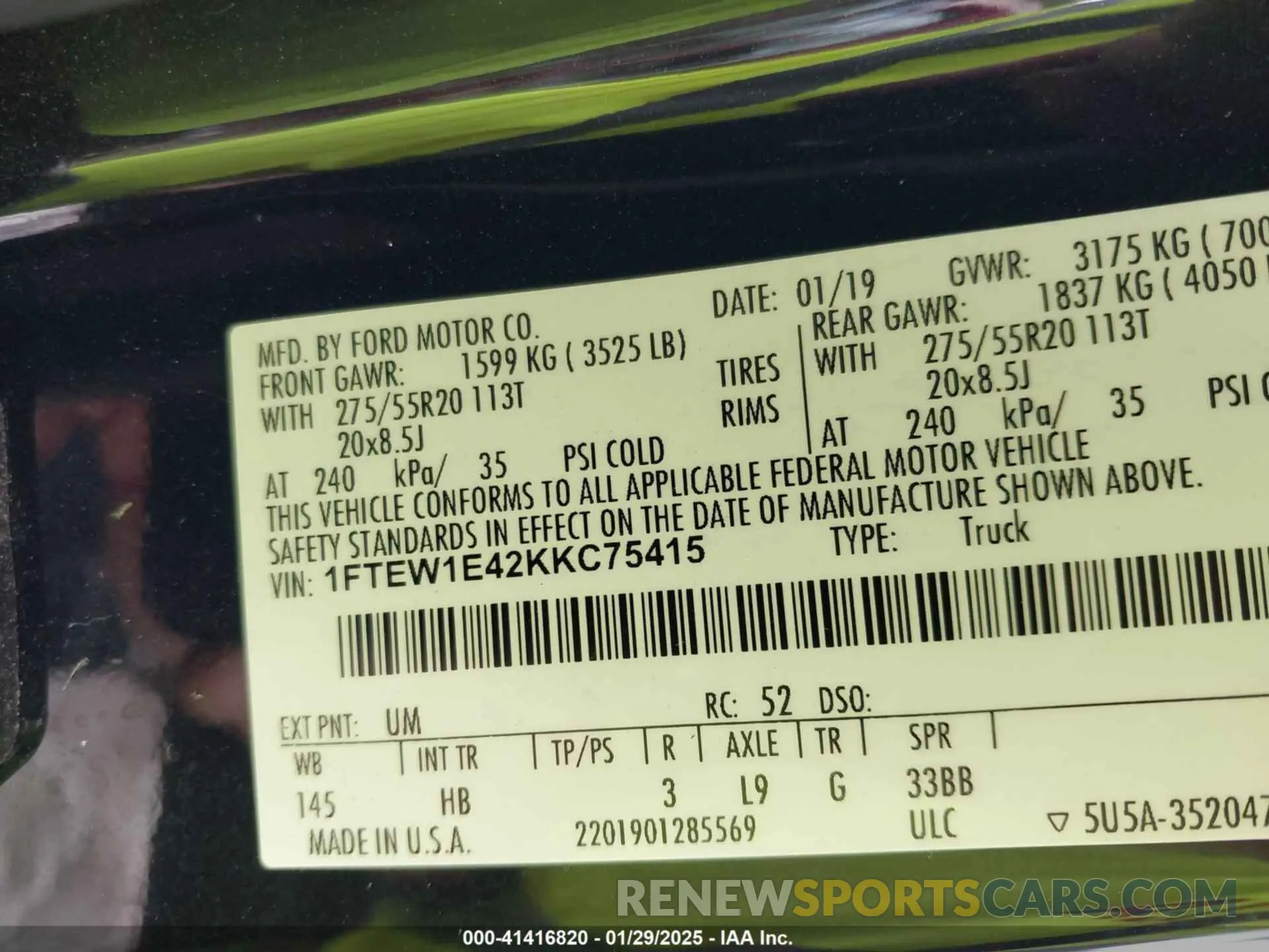 9 fotografías del automóvil dañado 1FTEW1E42KKC75415 FORD F-150 2019