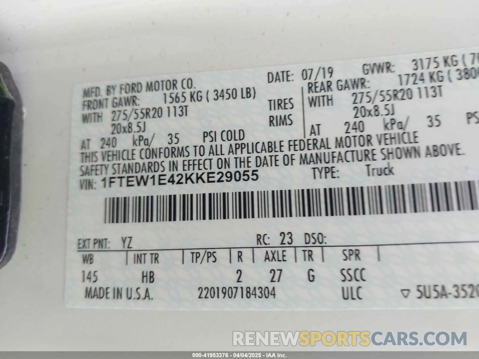 9 fotografías del automóvil dañado 1FTEW1E42KKE29055 FORD F-150 2019