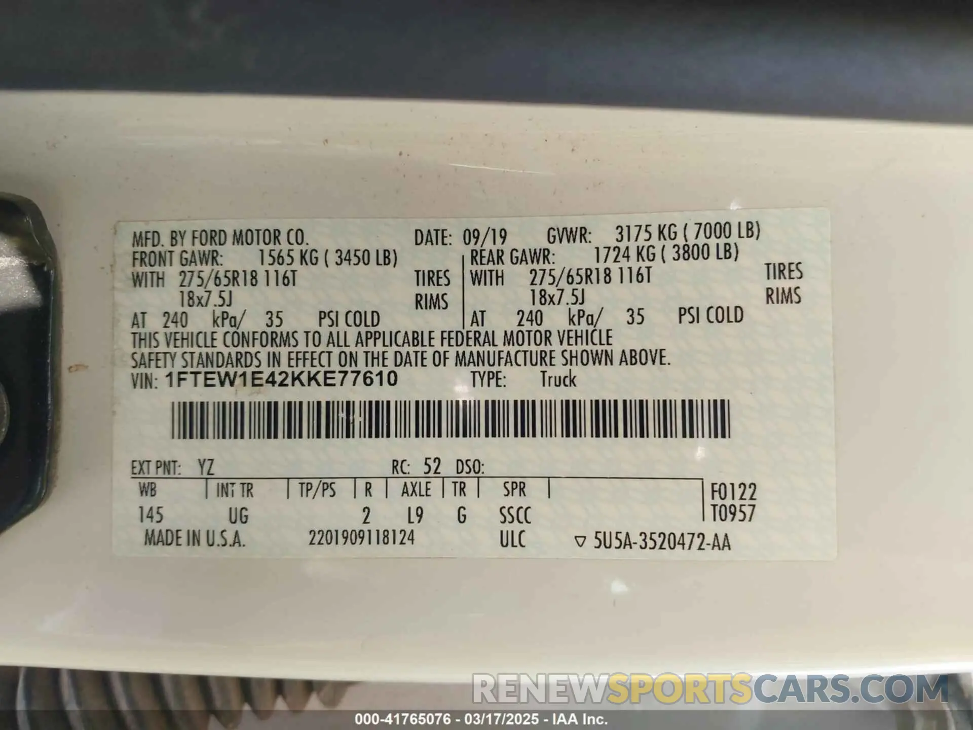 9 fotografías del automóvil dañado 1FTEW1E42KKE77610 FORD F-150 2019