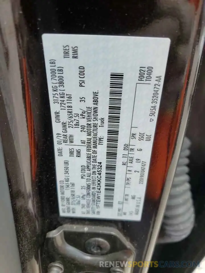 12 fotografías del automóvil dañado 1FTEW1E43KKC45324 FORD F-150 2019