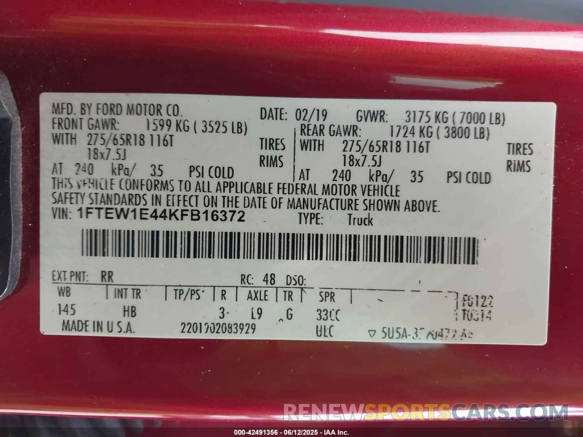 9 fotografías del automóvil dañado 1FTEW1E44KFB16372 FORD F-150 2019