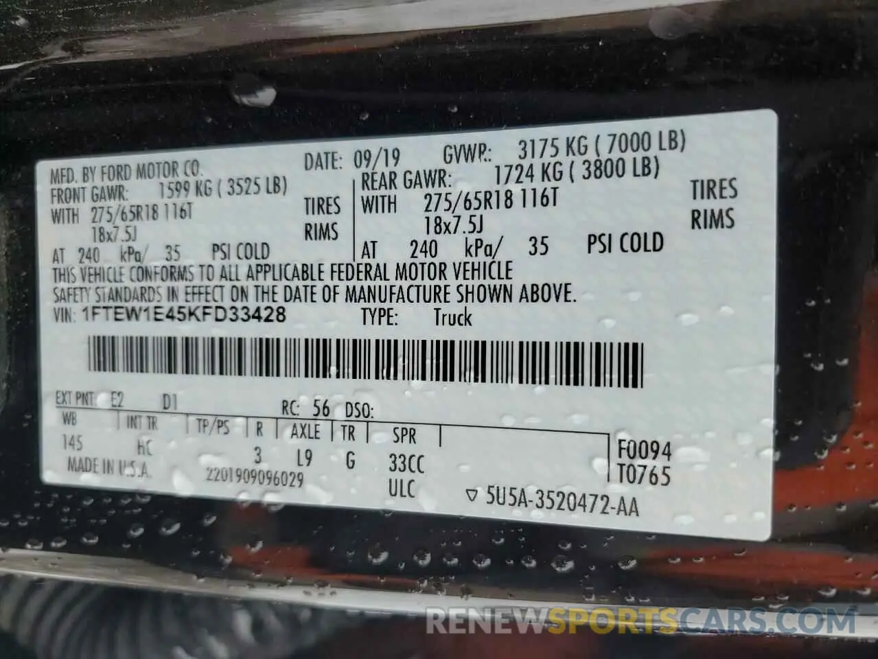 15 fotografías del automóvil dañado 1FTEW1E45KFD33428 FORD F-150 2019