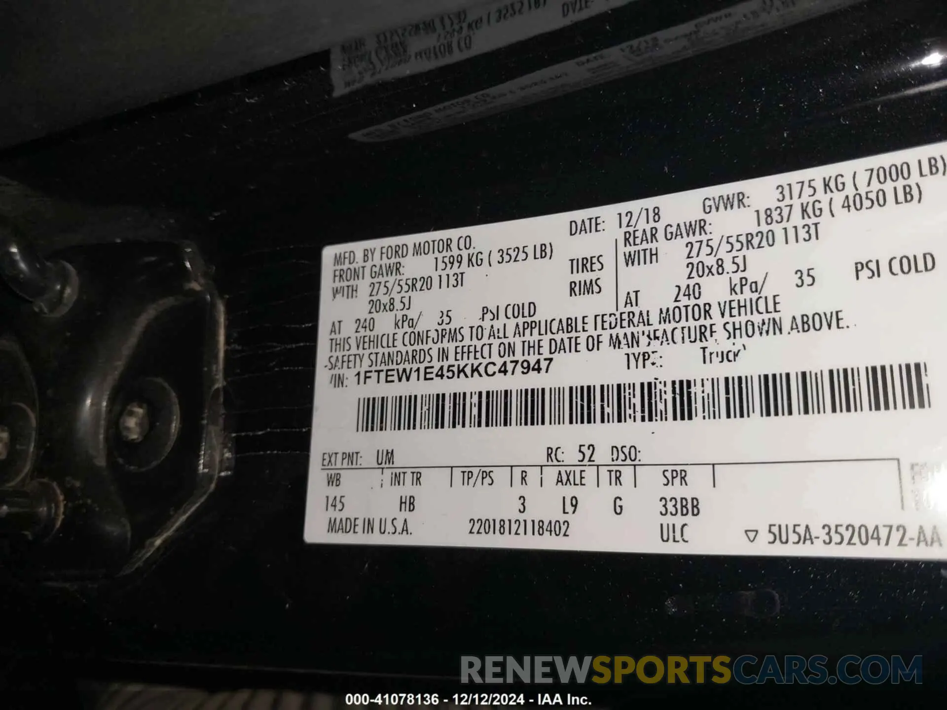 9 fotografías del automóvil dañado 1FTEW1E45KKC47947 FORD F-150 2019
