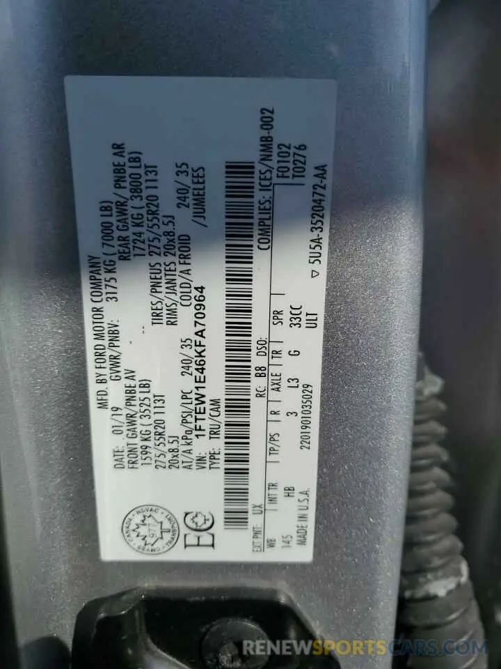 12 fotografías del automóvil dañado 1FTEW1E46KFA70964 FORD F-150 2019