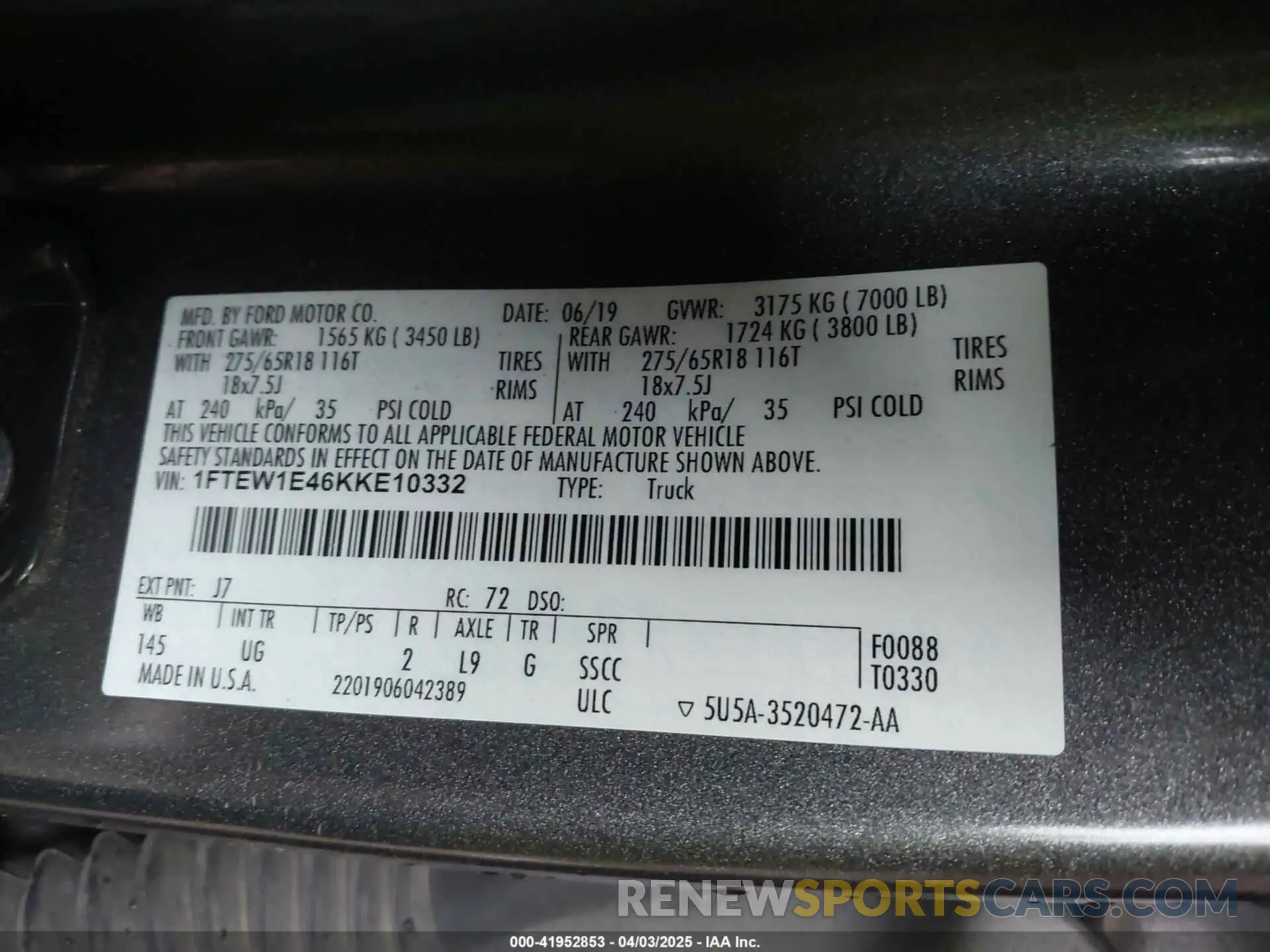 9 fotografías del automóvil dañado 1FTEW1E46KKE10332 FORD F-150 2019