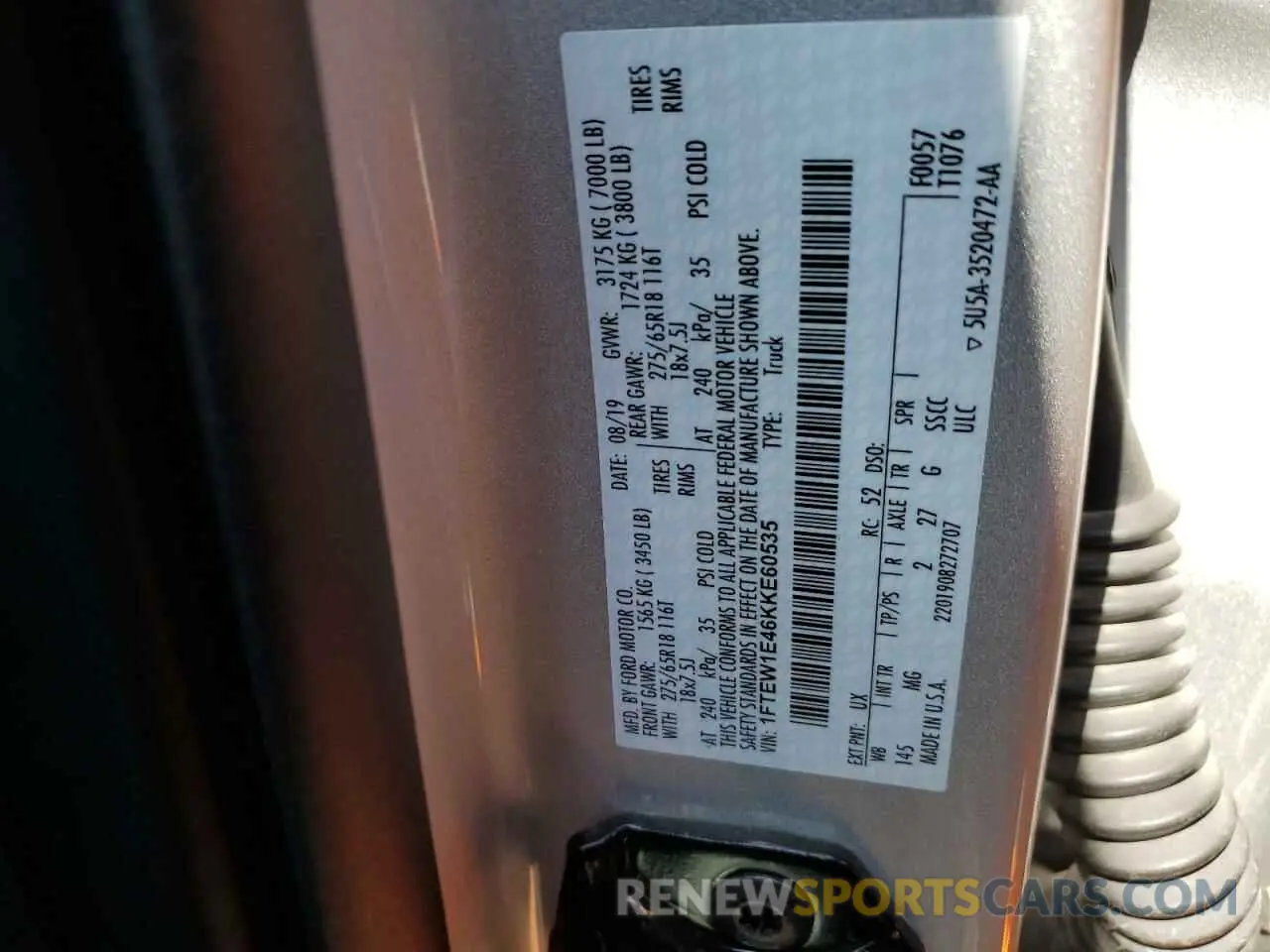 12 fotografías del automóvil dañado 1FTEW1E46KKE60535 FORD F-150 2019
