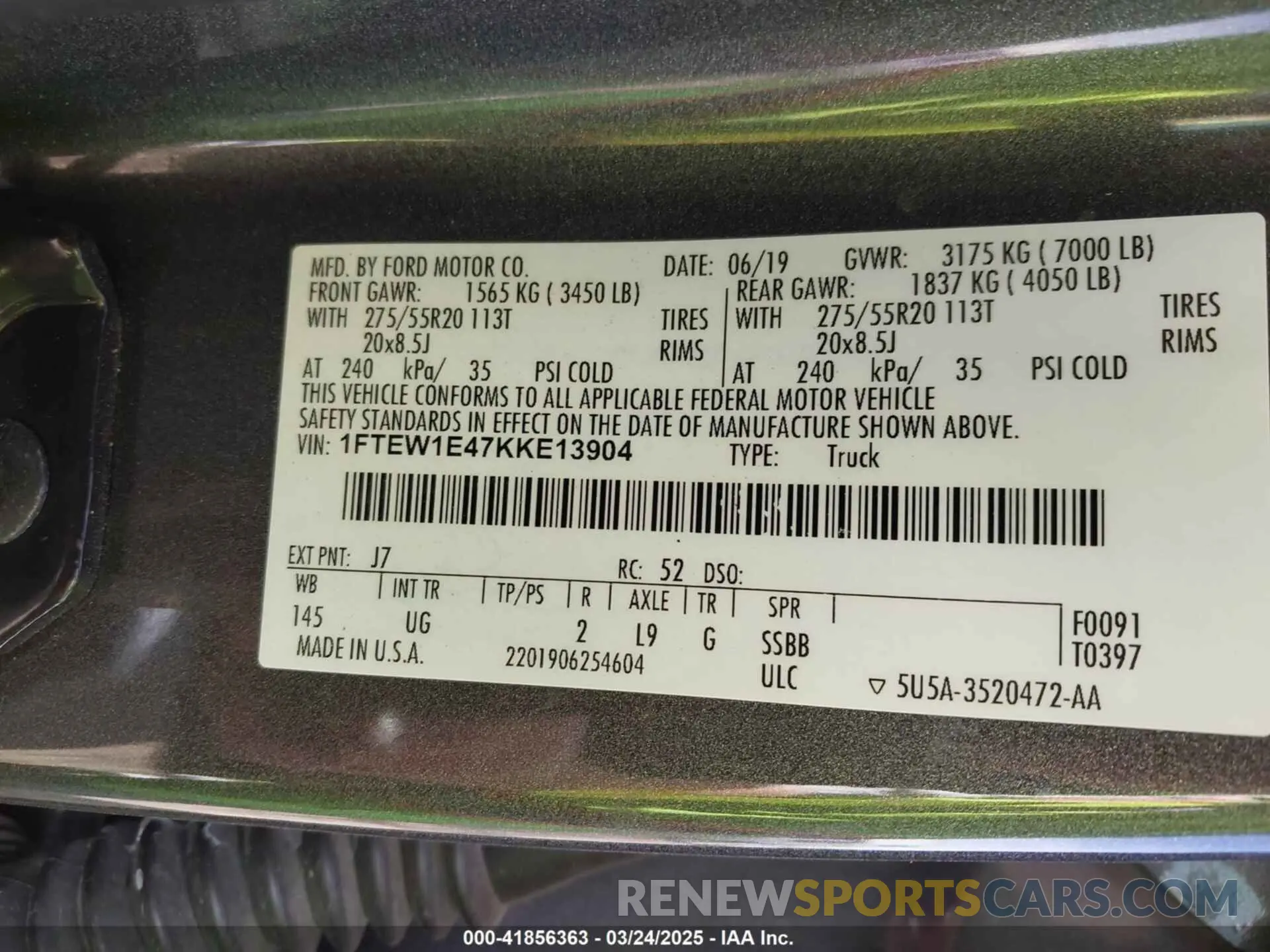 9 fotografías del automóvil dañado 1FTEW1E47KKE13904 FORD F-150 2019