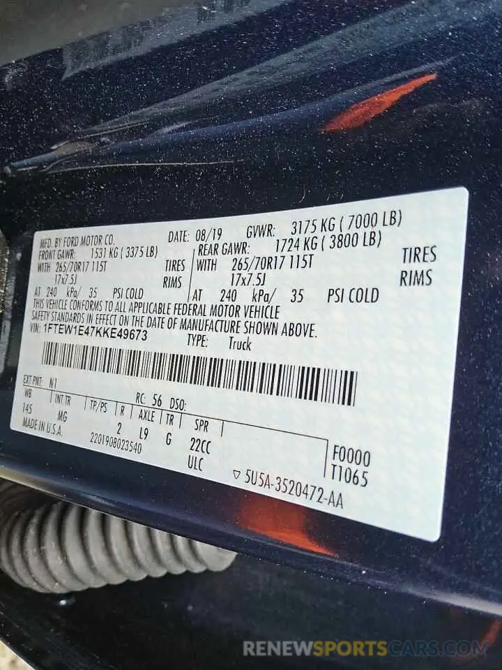 12 fotografías del automóvil dañado 1FTEW1E47KKE49673 FORD F-150 2019