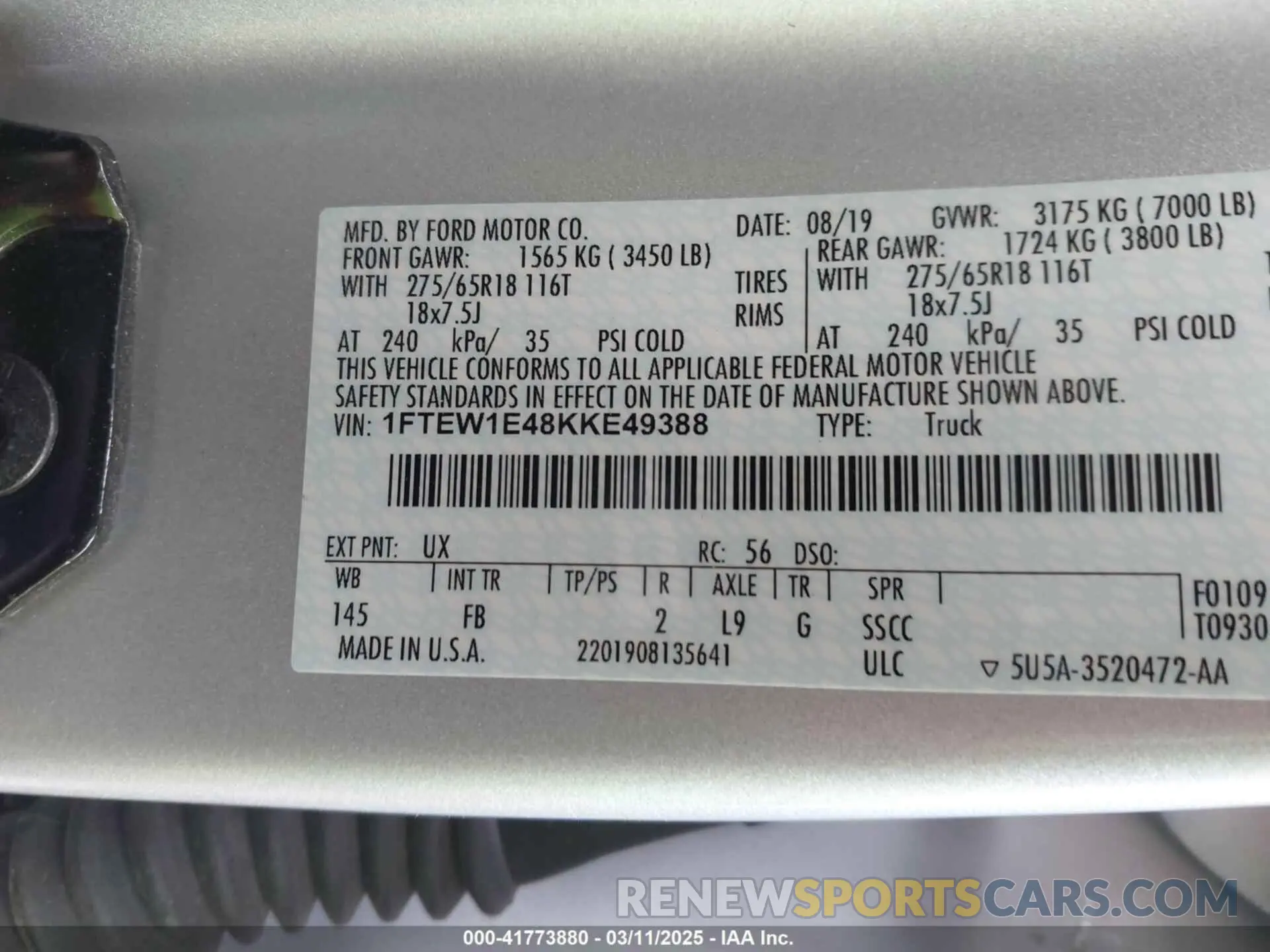 9 fotografías del automóvil dañado 1FTEW1E48KKE49388 FORD F-150 2019