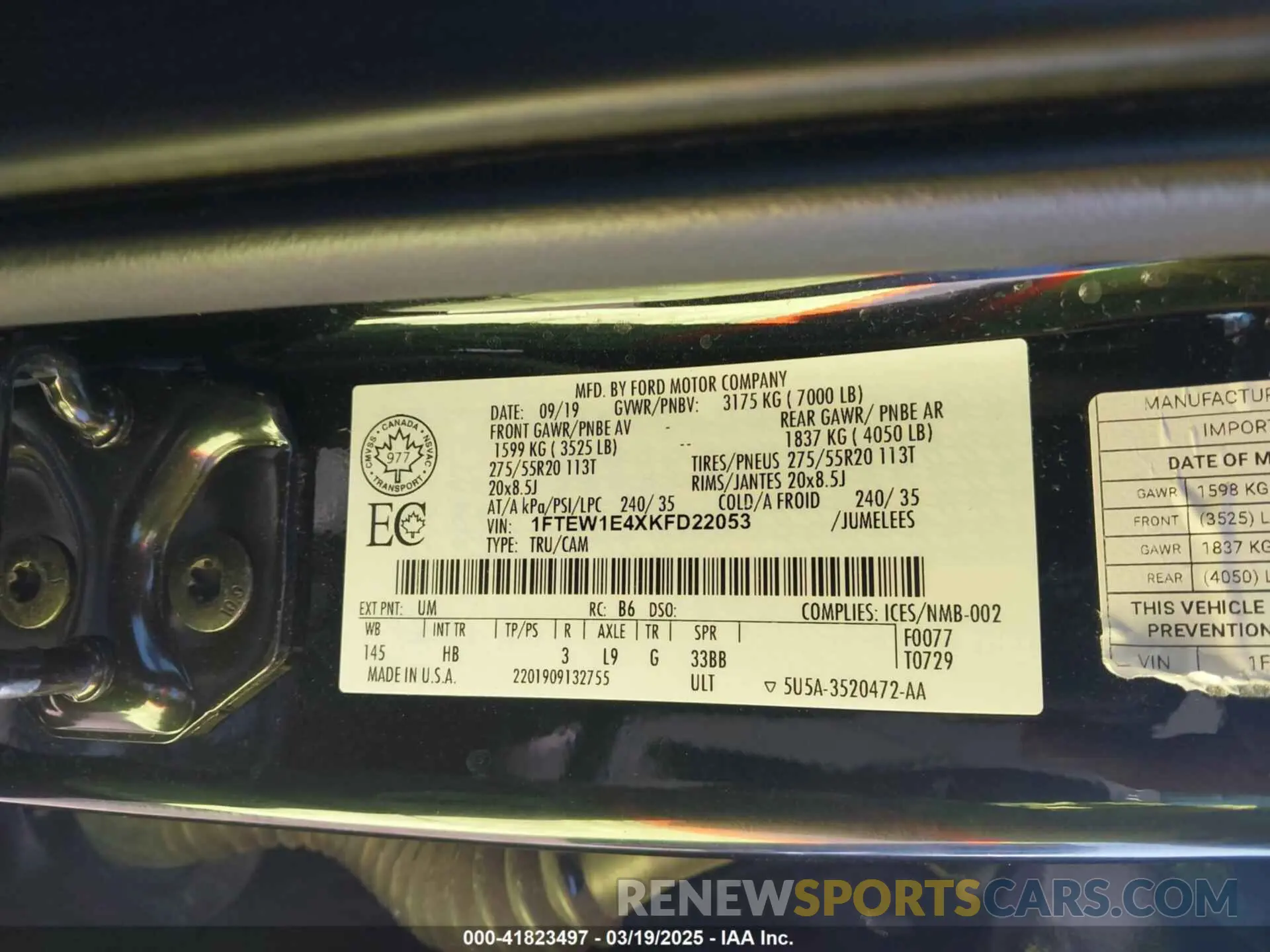 9 fotografías del automóvil dañado 1FTEW1E4XKFD22053 FORD F-150 2019