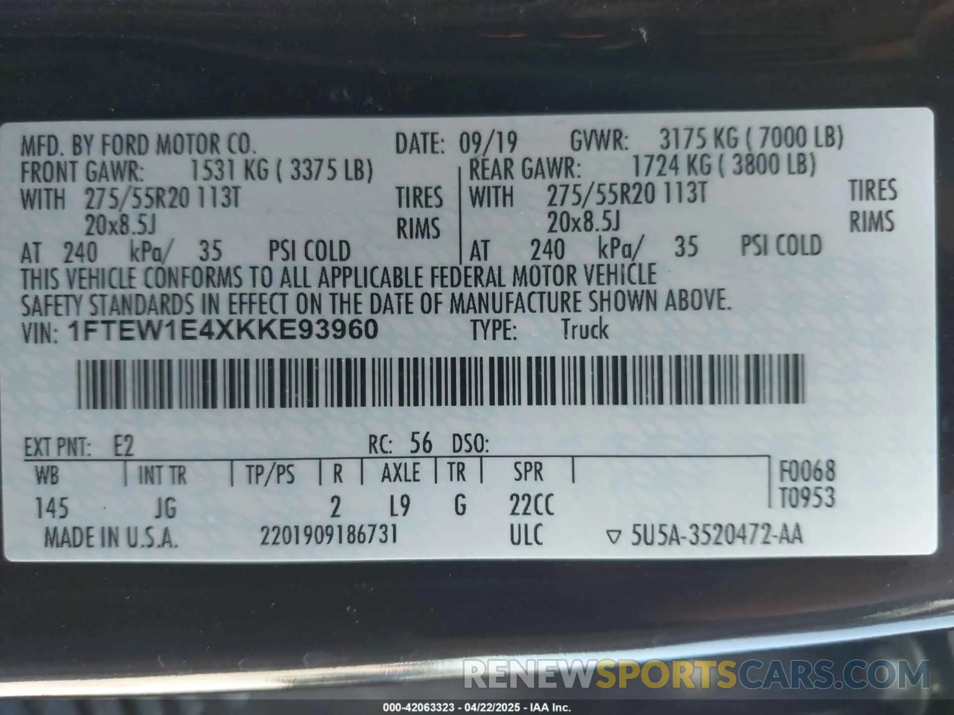 9 fotografías del automóvil dañado 1FTEW1E4XKKE93960 FORD F-150 2019