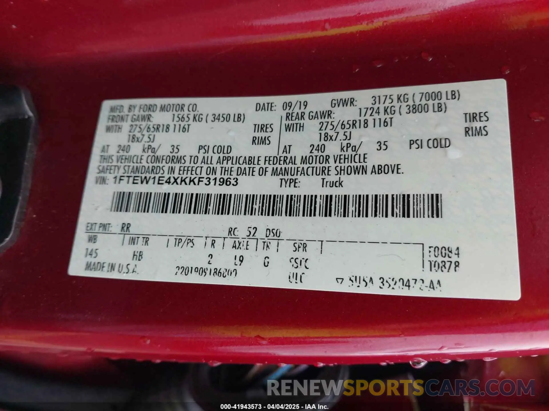 9 fotografías del automóvil dañado 1FTEW1E4XKKF31963 FORD F-150 2019
