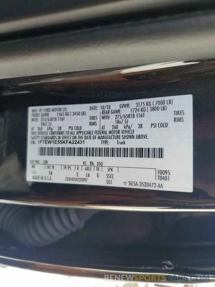 12 fotografías del automóvil dañado 1FTEW1E55KFA22431 FORD F-150 2019