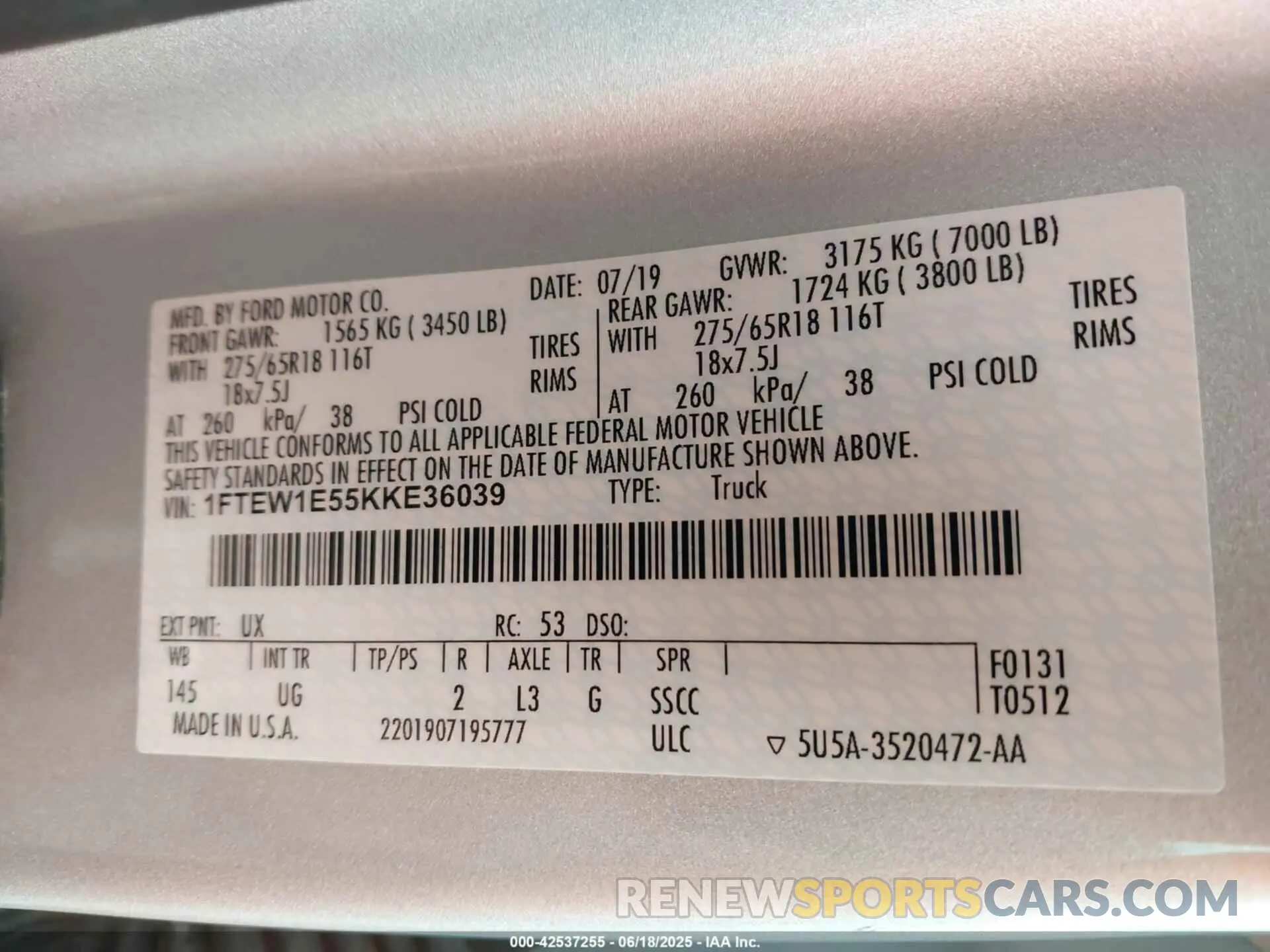 9 fotografías del automóvil dañado 1FTEW1E55KKE36039 FORD F-150 2019