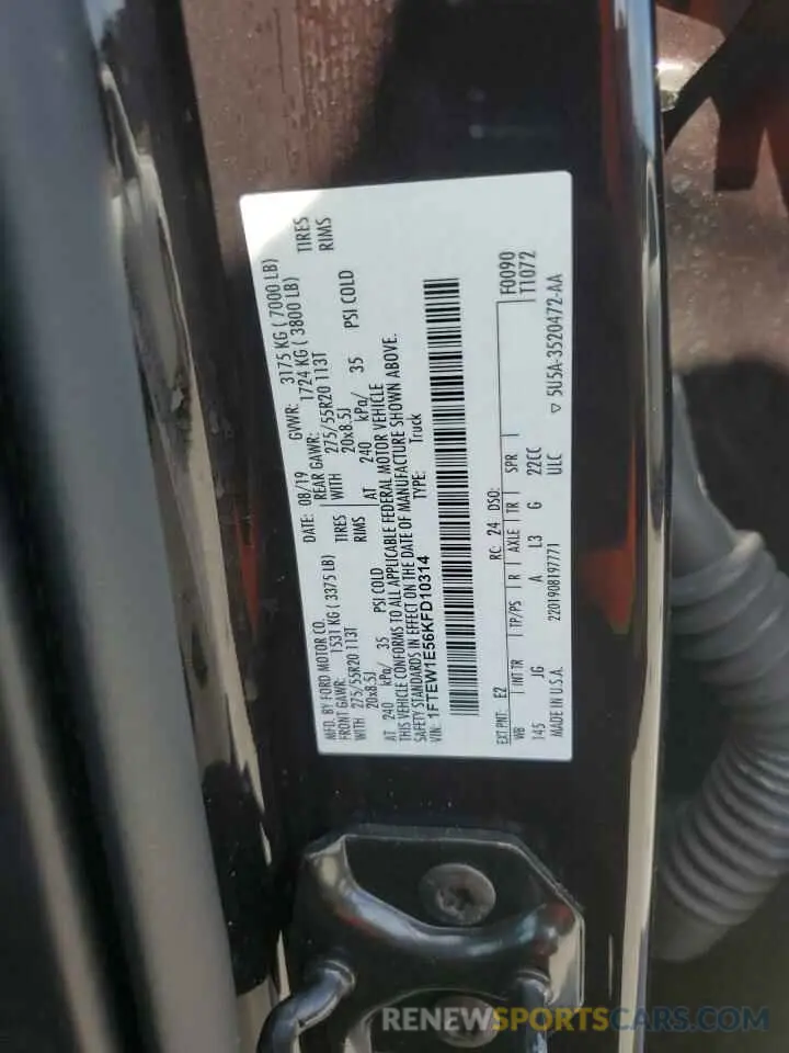 12 fotografías del automóvil dañado 1FTEW1E56KFD10314 FORD F-150 2019