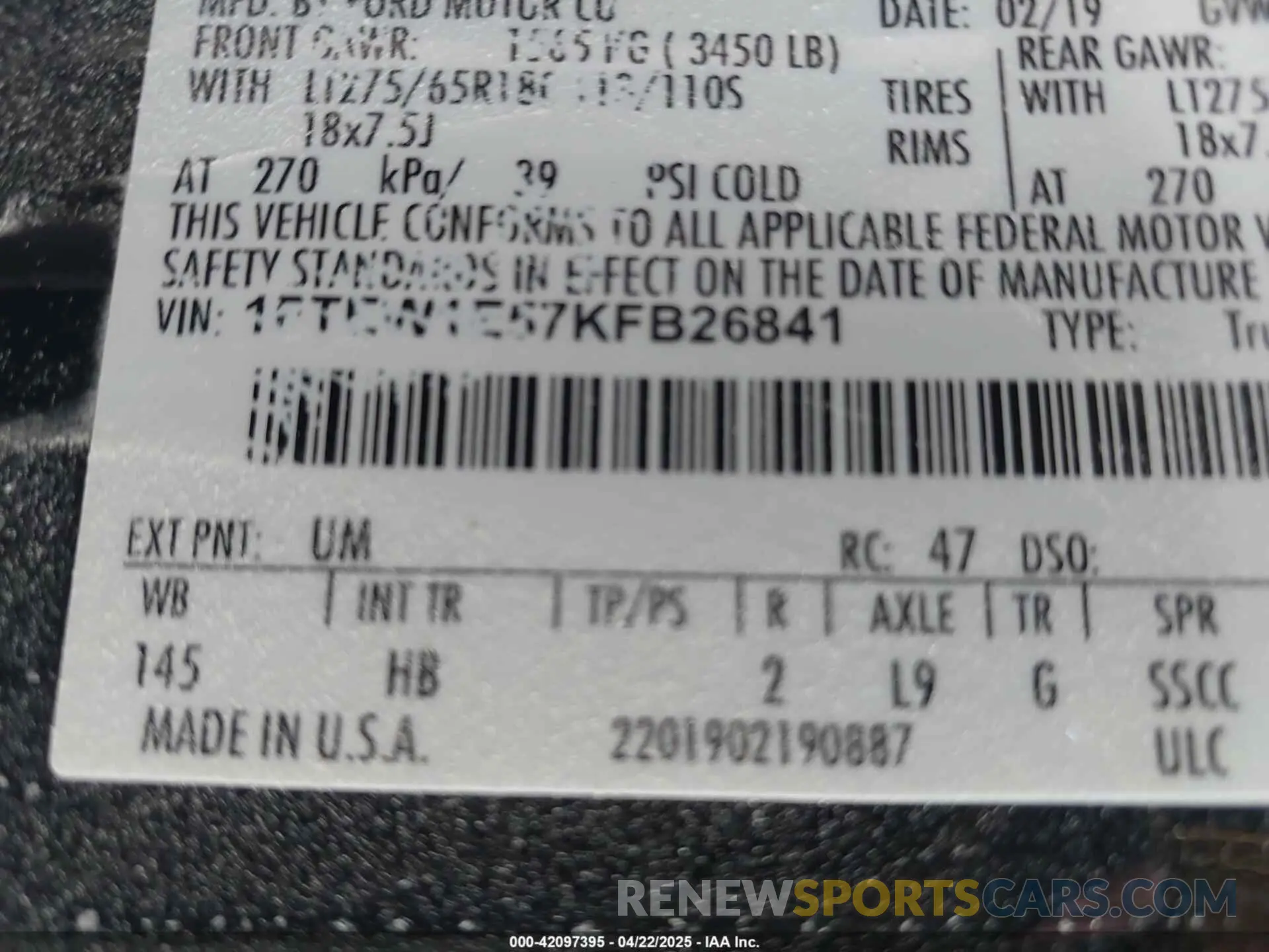9 fotografías del automóvil dañado 1FTEW1E57KFB26841 FORD F-150 2019