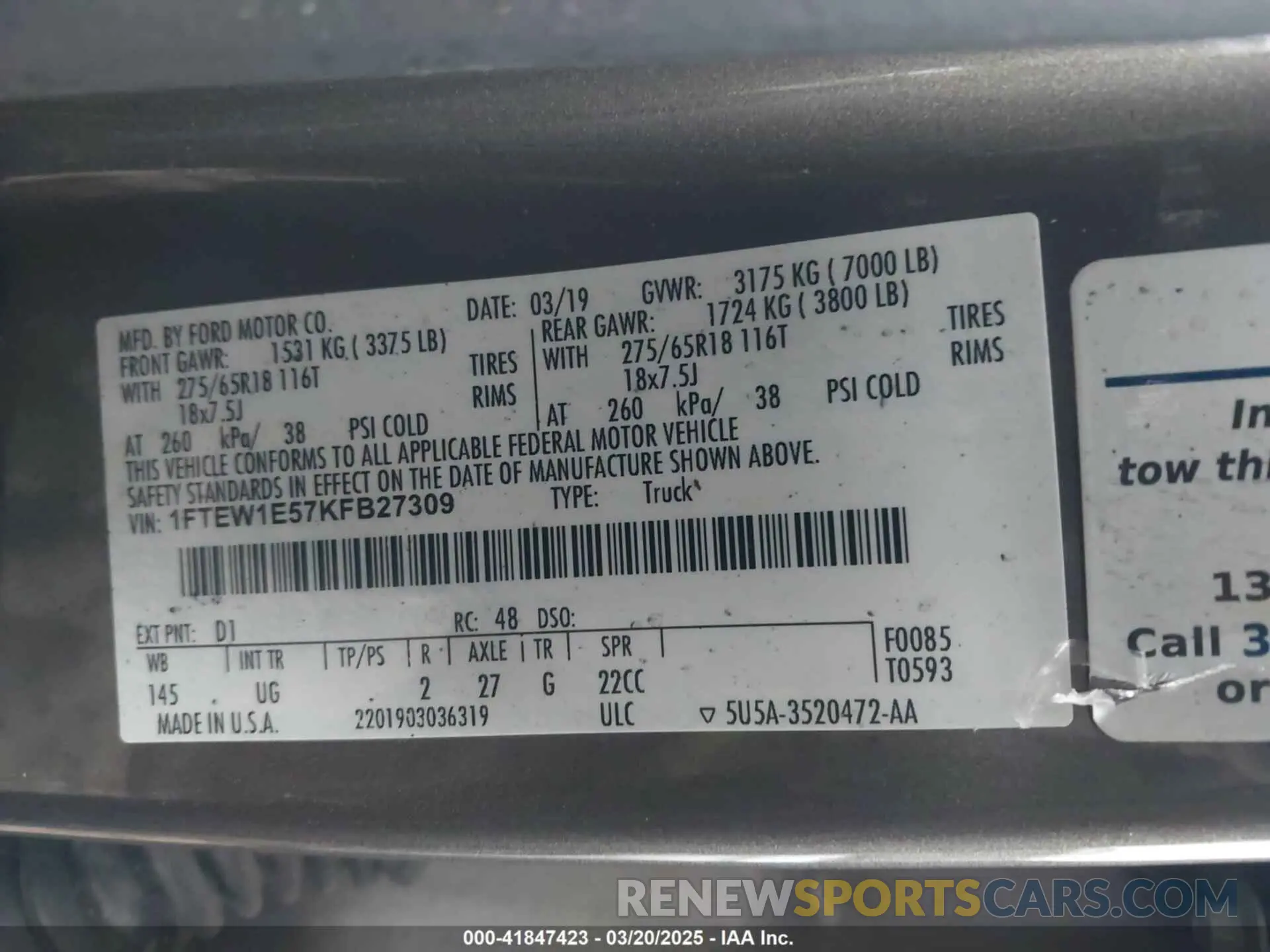 9 fotografías del automóvil dañado 1FTEW1E57KFB27309 FORD F-150 2019