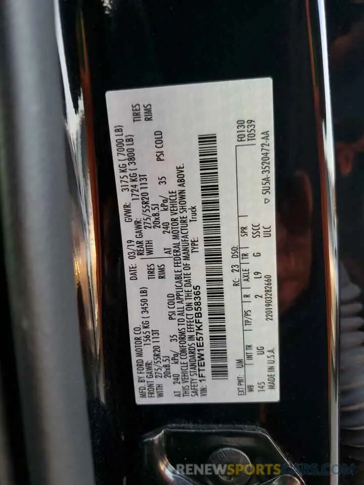 12 fotografías del automóvil dañado 1FTEW1E57KFB58365 FORD F-150 2019
