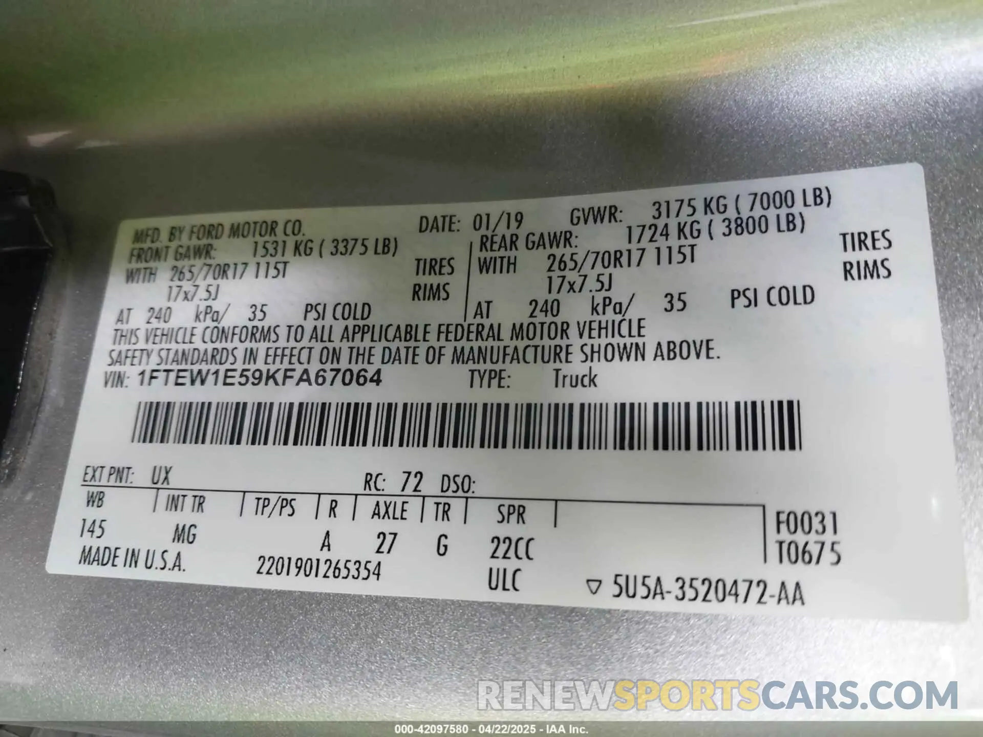 9 fotografías del automóvil dañado 1FTEW1E59KFA67064 FORD F-150 2019
