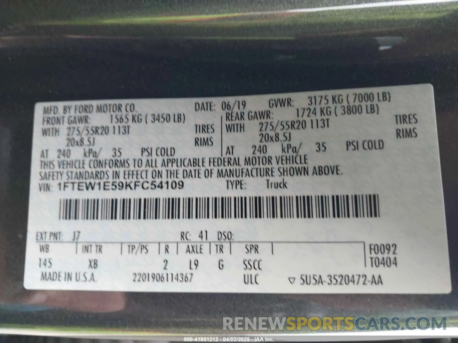 9 fotografías del automóvil dañado 1FTEW1E59KFC54109 FORD F-150 2019