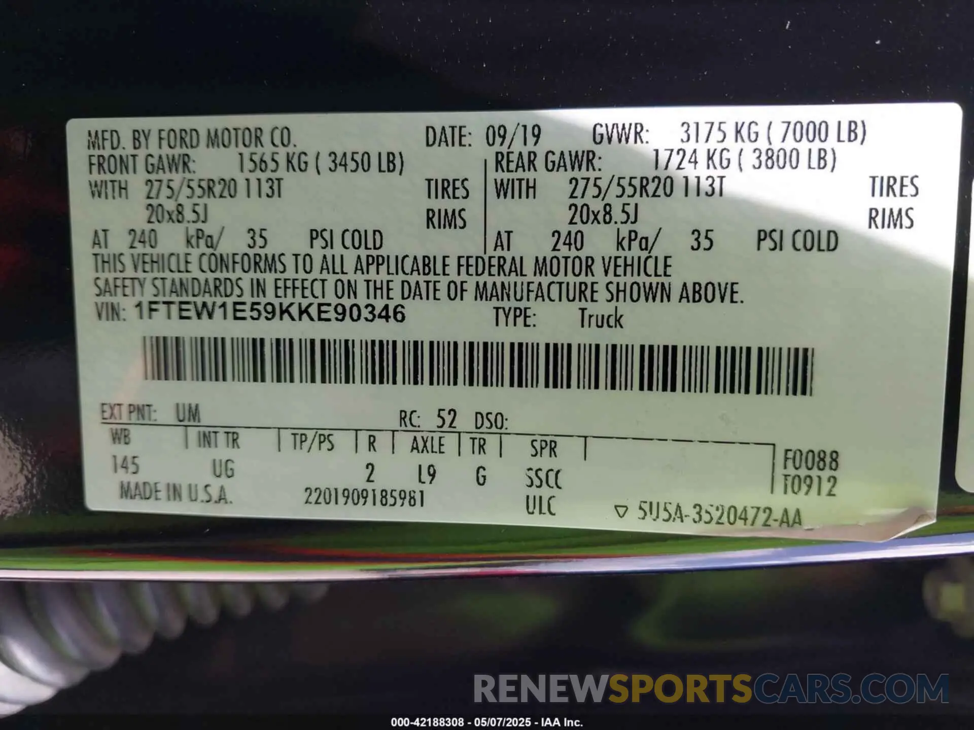 9 fotografías del automóvil dañado 1FTEW1E59KKE90346 FORD F-150 2019