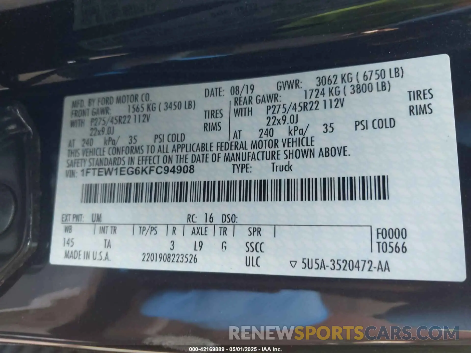 9 fotografías del automóvil dañado 1FTEW1EG6KFC94908 FORD F-150 2019