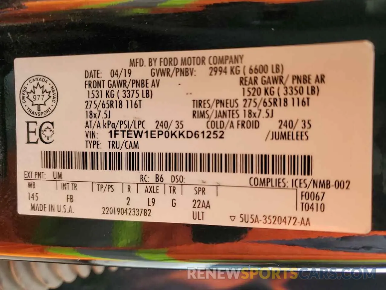 12 fotografías del automóvil dañado 1FTEW1EP0KKD61252 FORD F-150 2019