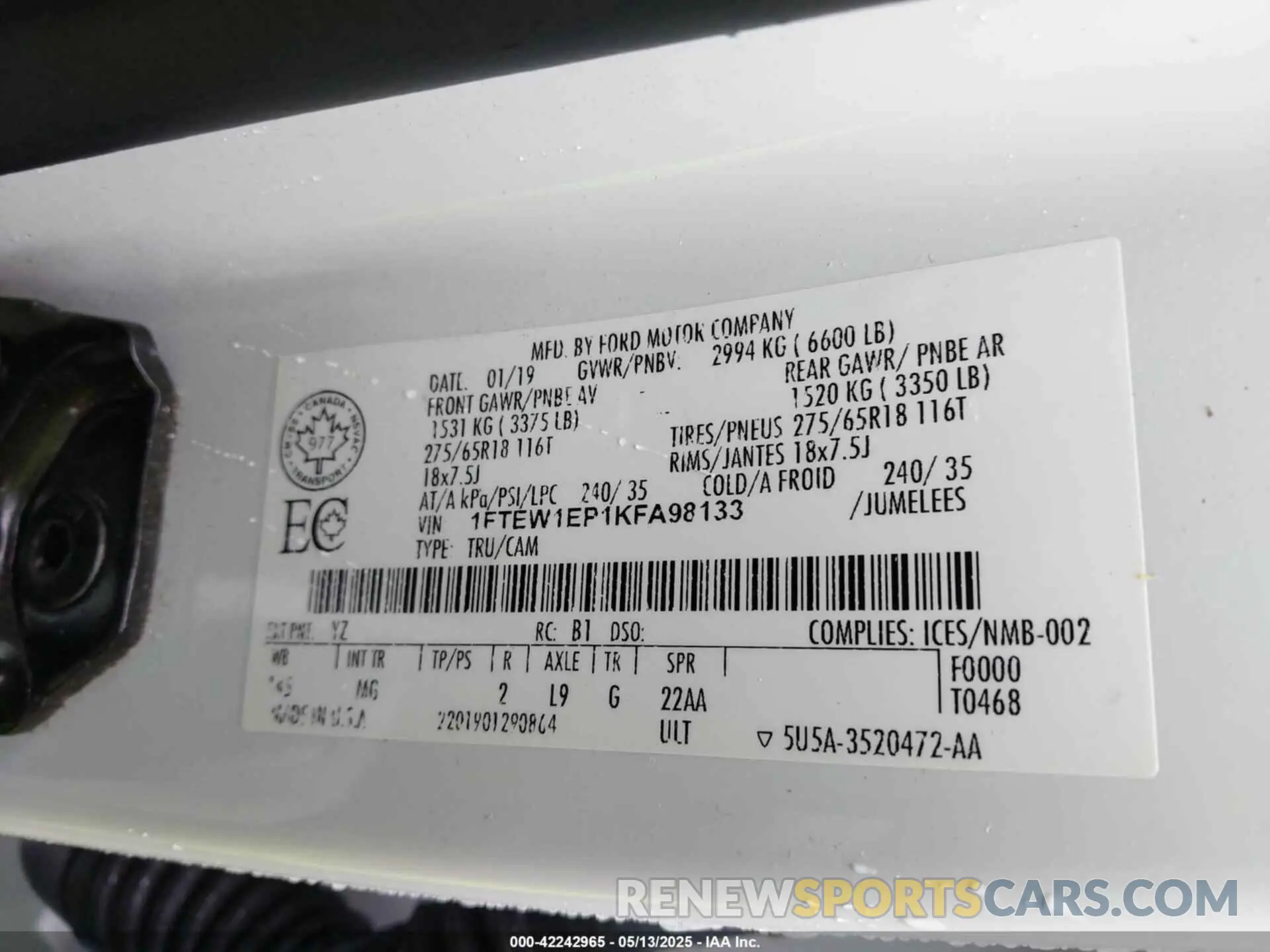 9 fotografías del automóvil dañado 1FTEW1EP1KFA98133 FORD F-150 2019