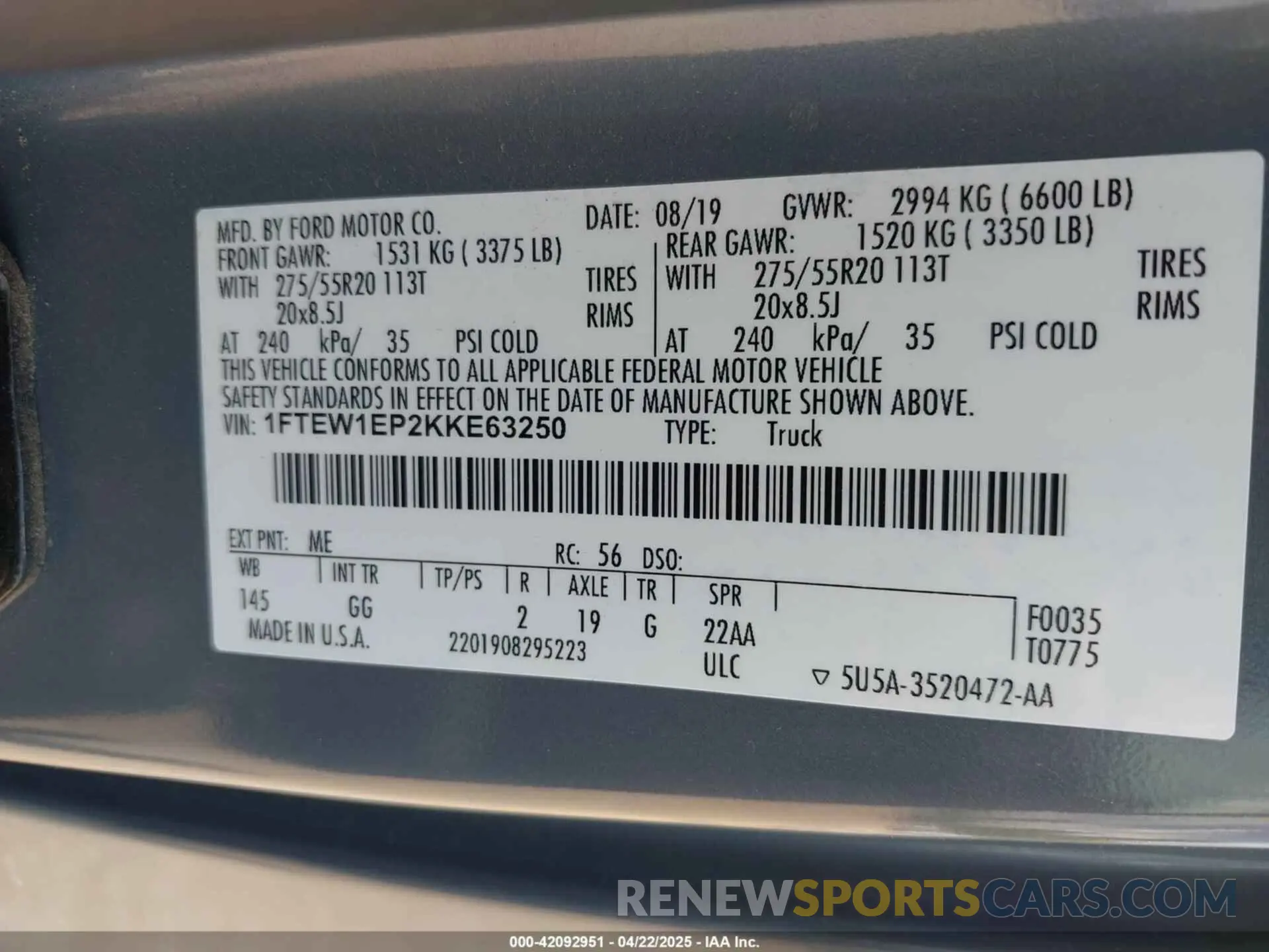 9 fotografías del automóvil dañado 1FTEW1EP2KKE63250 FORD F-150 2019