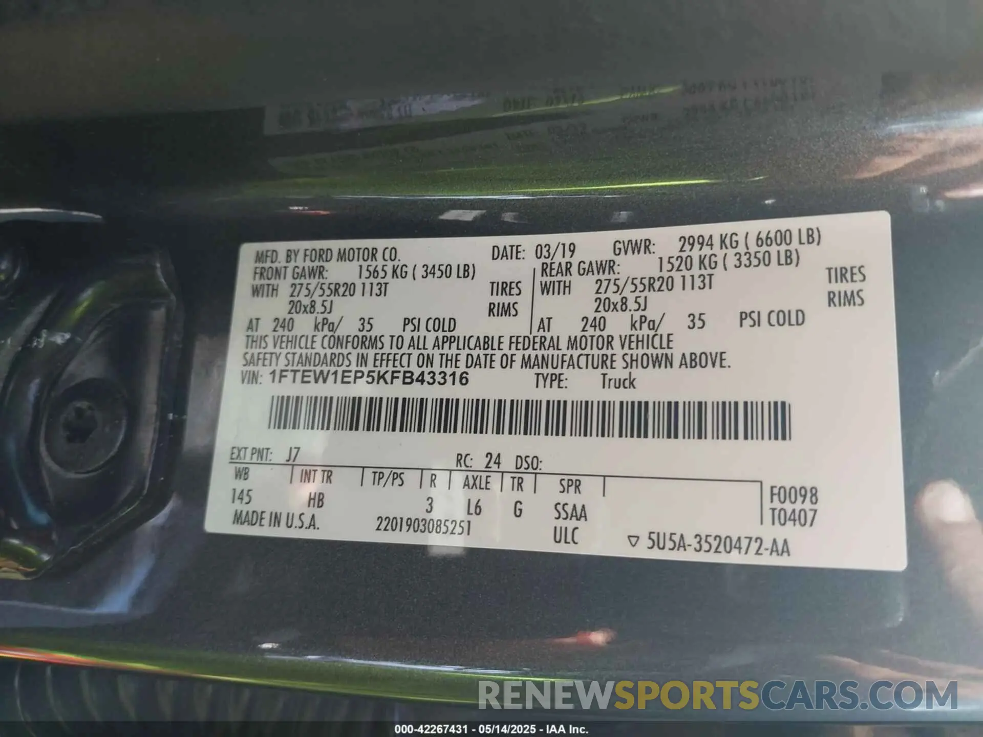 9 fotografías del automóvil dañado 1FTEW1EP5KFB43316 FORD F-150 2019