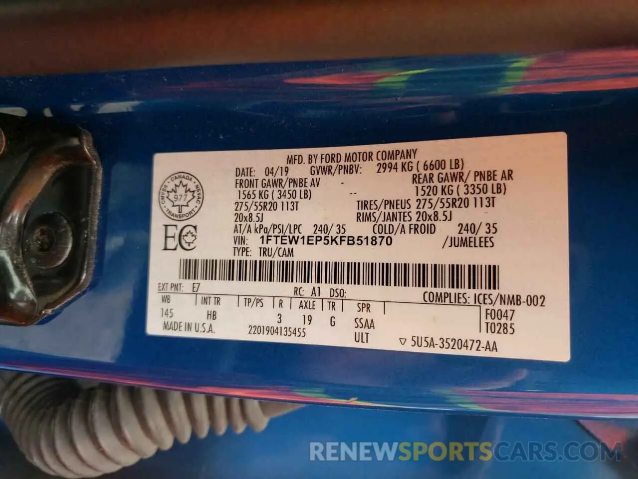 12 fotografías del automóvil dañado 1FTEW1EP5KFB51870 FORD F-150 2019