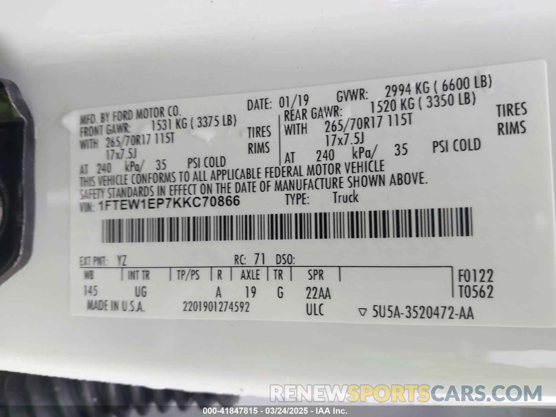 9 fotografías del automóvil dañado 1FTEW1EP7KKC70866 FORD F-150 2019
