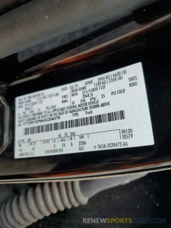 12 fotografías del automóvil dañado 1FTEW1EP8KKD04376 FORD F-150 2019