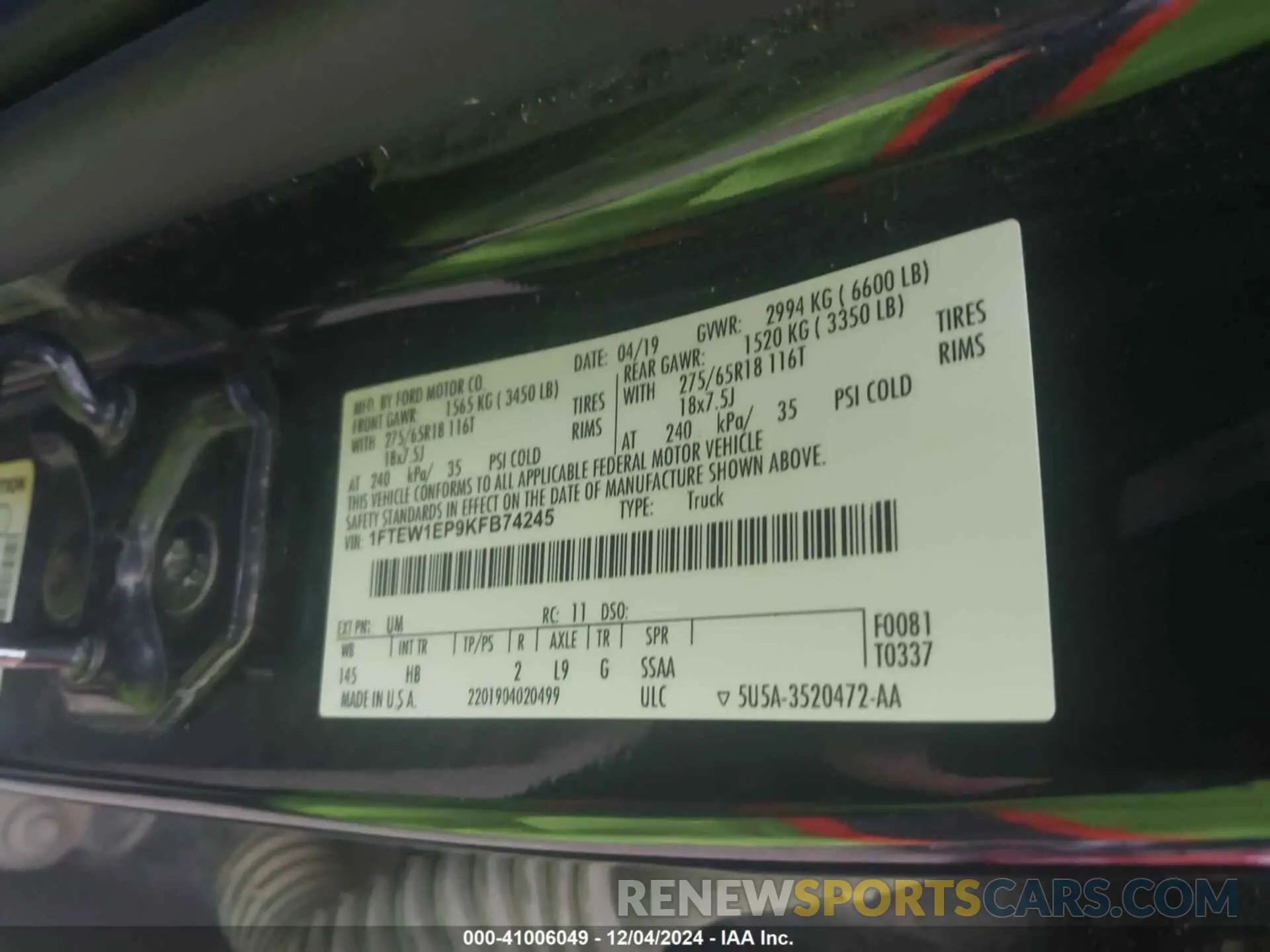 9 fotografías del automóvil dañado 1FTEW1EP9KFB74245 FORD F-150 2019
