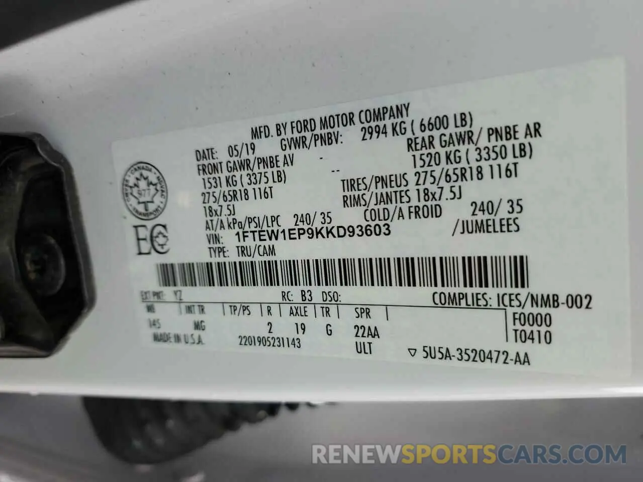 12 fotografías del automóvil dañado 1FTEW1EP9KKD93603 FORD F-150 2019