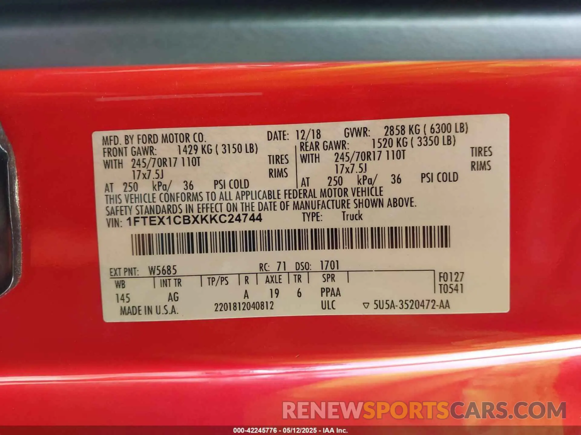 9 fotografías del automóvil dañado 1FTEX1CBXKKC24744 FORD F-150 2019