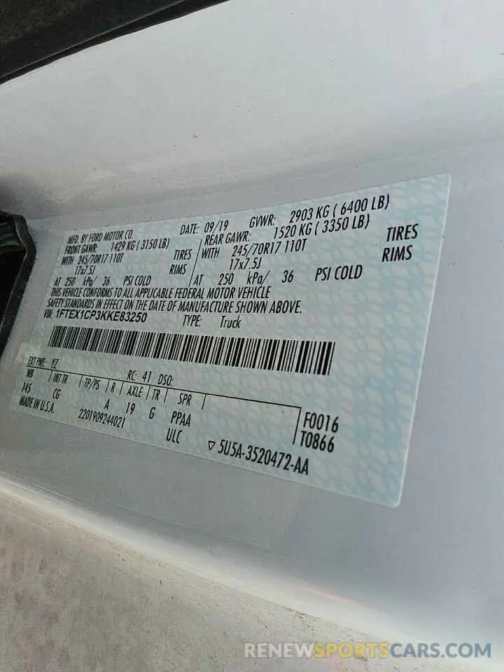 12 fotografías del automóvil dañado 1FTEX1CP3KKE83250 FORD F-150 2019